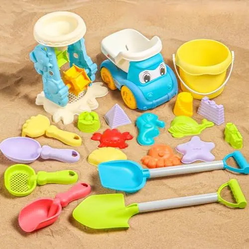 Produktbild: IXYHKB Sandkasten Spielzeug Kinder, 20 Stück Strandspielzeug Kinder, Sandkasten Spielzeug Set mit ATV, Sanduhr, Eimer, Sandförmchen, Schaufeln, sandspielzeug set für ab 3 4 5+ Jahre Mädchen Junge