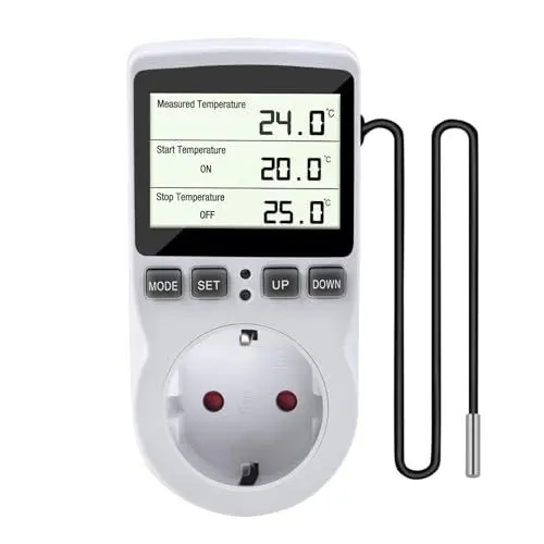 Produktbild: IXYHKB Temperaturregler Steckdose mit Fühler, 230V Digital Thermostat Steckdose, Heizung Kühlung Temperaturschalter mit LCD Bildschirm für Gewächshaus Aquarium Kühlschrank Terrarium (White-01)