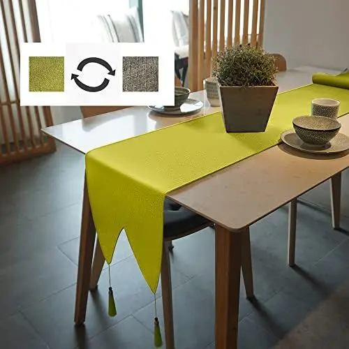 Produktbild: Iycnkok Zweifarbig Tischläufer Grau/Hellgrün Pflegeleichtigkeit Wasserfest Leinenoptik Abwaschbar Table Runner Dekoration für Esszimmer Küchentisch Drinnen und Draußen Urlaub Party, 30x180 cm