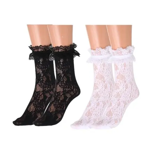 Produktbild: IYOU Blume Kniestrümpfe Schwarz Rüschen Knöchel Hohe Socken Spitze Trim Elastische Cosplay Kostüm Wade Socken für Frauen Mädchen Prinzessin Damen (2 Paare)