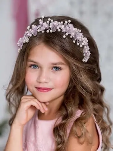 Produktbild: IYOU Blumenmädchen Stirnband Violett Blumen Hochzeit Kopfstück Perle Braut Kommunion Haarschmuck für Mädchen
