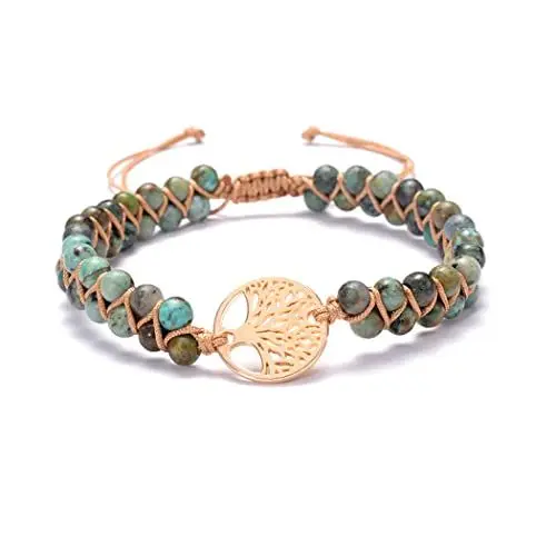 Produktbild: IYOU Boho Naturstein Wickelarmbänder Grün Jaspis Geflochtenes Seil Armband Perlen Klassischer Verstellbarer Strand Armbänder Schmuck für Frauen und Mädchen