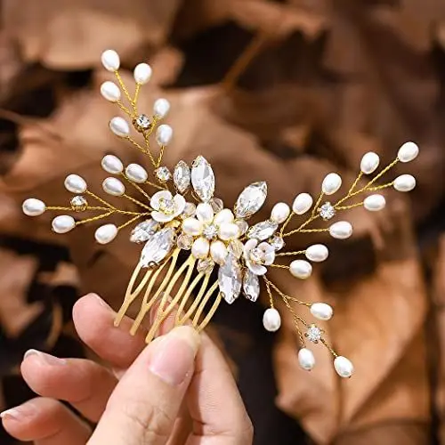 Produktbild: IYOU Brautschmuck Hochzeit Haarkämme Gold perlen Braut Haarteile Kristall Kopfschmuck Abschlussball Kommunion Haarschmuck für Frauen