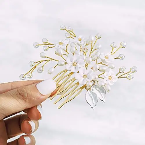 Produktbild: IYOU Brautschmuck Hochzeit Haarkamm Silber Perle Kopfbedeckung Perlen Braut Seiten Kamm Haarschmuck für Frauen (Gold)