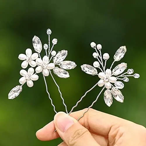 Produktbild: IYOU Brautschmuck Hochzeit Haarnadeln Silber Kristall Kopfschmuck Perle Haarspange funkelnde Strass Haarteile Blume Braut Haarschmuck für Frauen und Mädchen (2 Stück) (Silber)
