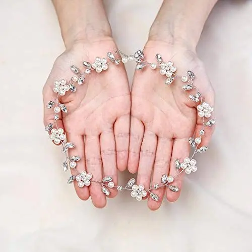 Produktbild: IYOU Haarschmuck für die Braut, Hochzeit, Weinreben, silberfarbene Perlen, Kristall, Braut-Kopfschmuck, Blumen-Haarband, Abschlussball, Kommunion, Haarschmuck für Damen