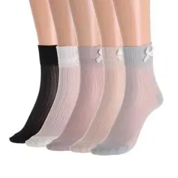 Produktbild: IYOU Damen Durchsichtige Knöchel Socken Elfenbein Spitze Transparente Socke Schleifenknoten Netz Socken Dünne Klassisch Sommer Socken (5 Paare)