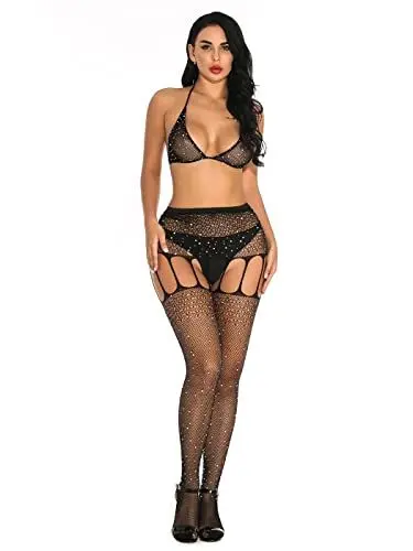 Produktbild: IYOU Funkelnd Strass Netzstrümpfe Strümpfe Schwarz Kristall BH Strumpfhose mit hoher Taille Nachtclub Masche Strumpfhosen Damenunterwäsche Satz Fischnetz Strumpfhose für Frauen
