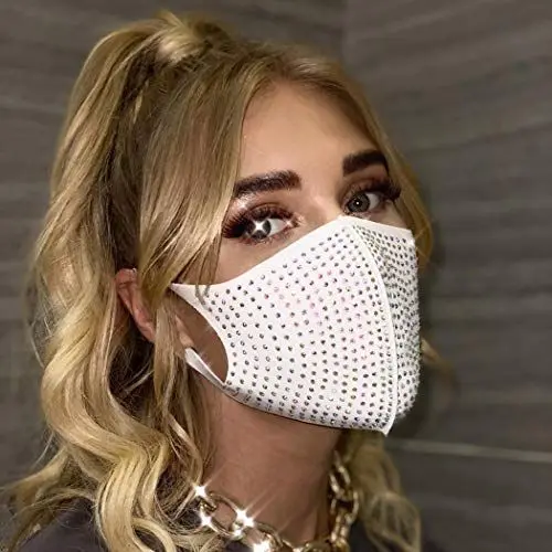 Produktbild: IYOU Glänzende Maskerade Kristallmaske Weiß Glitzernde Strass Gesichtsmasken Bling Ball Party Halloween Genie Kostüm Glitter Dekoration Schmuck für Frauen und Mädchen