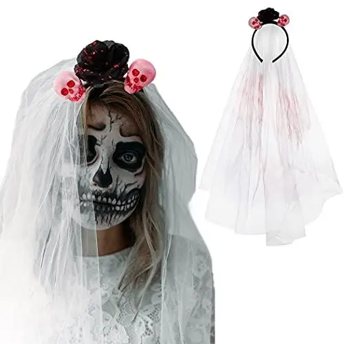 Produktbild: IYOU Halloween Schädel Stirnbänder Blume Schwarz Schleier Haar Band Blutig Drucken Cosplay Ankleiden Karneval Haarreifen Zubehör zum Frauen und Mädchen