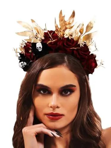 Produktbild: IYOU Halloween Stirnband Weinrot Blume Haarbänder Schädel Blatt Festival Haarschmuck für Frauen und Mädchen
