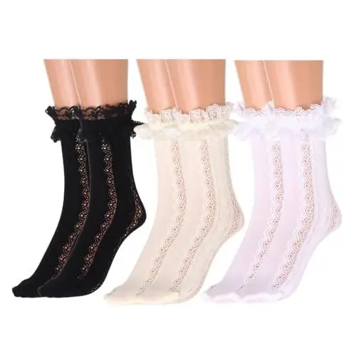 Produktbild: IYOU Prinzessin Kniestrümpfe Weiß Spitze Gerüschte Knöchel Socken Blumen Niedlich Cosplay Kostüm Schlabberlook Rüsche Socken für Frauen und Mädchen (3 Paare)
