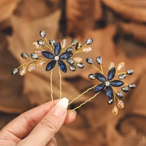Produktbild: IYOU Strass Hochzeit Haarnadeln Marineblau Blume Kopfstück Kristall Barock Brautjungfer Prom Haarschmuck für Frauen(2 Stück)