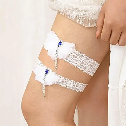 Produktbild: IYOU Weiß Hochzeit Strumpfband einstellen Blume Band Spitze Strumpfband Strass Cosplay Abschlussball Braut Bein Gürtel zum Frauen und Mädchen (2 Stück)