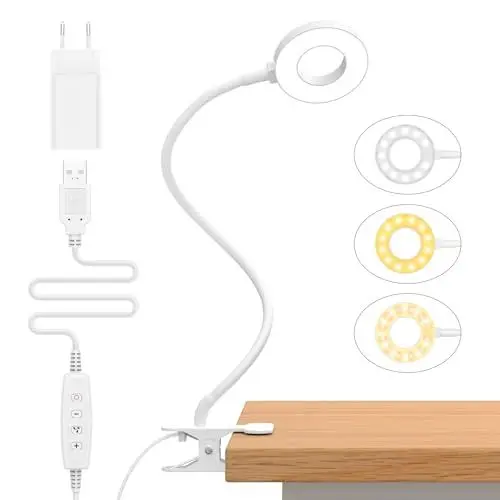 Produktbild: iZELL 23 LED Leselampe Bett Dimmbar -<strong>3 Modi & 10 Helligkeitsstufen:</strong>  Augenschutz Klemmlampe mit 40cm Flexiblem Schwanenhals, Buchlampe, Schreibtischlampe mit 10W USB-Ladegerät, Weiß