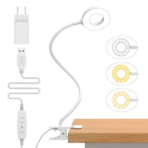 Produktbild: iZELL 23 LED Leselampe Bett Dimmbar -<strong>3 Modi & 10 Helligkeitsstufen:</strong>  Augenschutz Klemmlampe mit 70cm Flexiblem Schwanenhals, Buchlampe, Schreibtischlampe mit 10W USB-Ladegerät, Weiß