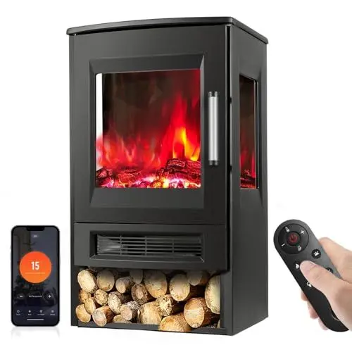 Produktbild: Izrielar Elektrokamin mit Heizlüfter, Wandkamin Elektrisch mit heizung, Kamin elektrischer WiFi App Fernbedienung, 900/1800W LED-Flammeneffekt Kaminfeuer mit Thermostat, Panorama-Sichtfenster Timer