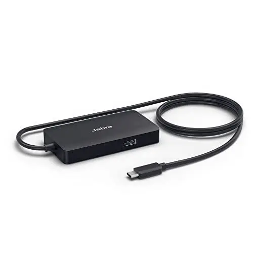 Produktbild: Jabra PanaCast USB-Hub für den Anschluss über USB-C. Mehrere Kabelausgänge ermöglichen den Anschluss all Ihrer Geräte über einen einzigen USB-C-Anschluss