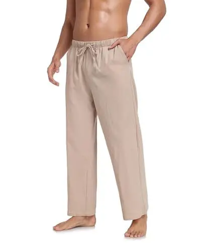 Produktbild: Jacansi Herren Baumwollhose Sommer Leinenhosen Strandhose Kordelzug Elastische Taille Leichte Yoga Hosen Khaki XL