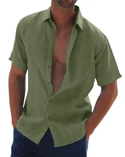 Produktbild: Jacansi Herren Kurzarm Leinen Hemden Freizeithemden Männer Sommerhemd Regular Fit Button Down Shirts Tops Armeegrün XL