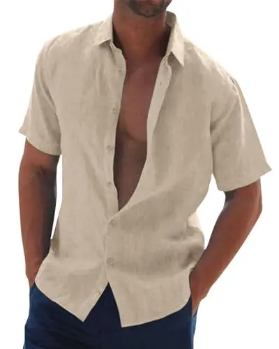 Produktbild: Jacansi Herren Leinenhemd Sommer Freizeithemd Strandhemden Kurze Ärmel Button Dwon Hemd Baumwollehemden Khaki XL