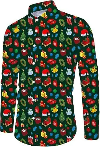 Produktbild: Jacansi Weihnachten Tshirt Herren Freizeithemd Langarm Männer Slim Fit Lustige Christmas Shirt Grün XL