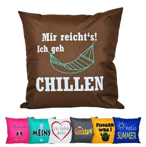 Produktbild: JACK 50x50cm Motiv Outdoor Lounge Kissen Dekokissen inkl. XXL-Füllung Wasserabweisend Sitzkissen Garten Stuhl Lotus Effekt lustig, Farbe:Chillen