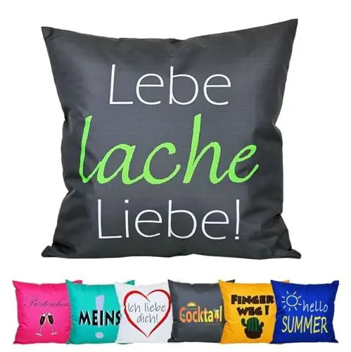 Produktbild: JACK 50x50cm Motiv Outdoor Lounge Kissen Dekokissen inkl. XXL-Füllung Wasserabweisend Sitzkissen Garten Stuhl Lotus Effekt lustig, Farbe:Lebe Lache Liebe