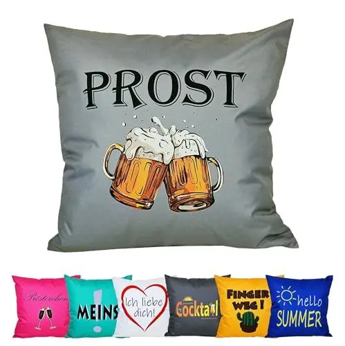 Produktbild: JACK 50x50cm Motiv Outdoor Lounge Kissen Dekokissen inkl. XXL-Füllung Wasserabweisend Sitzkissen Garten Stuhl Lotus Effekt lustig, Farbe:Prost