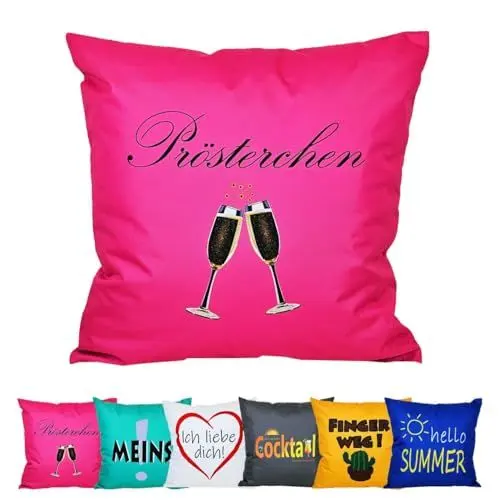 Produktbild: JACK 50x50cm Motiv Outdoor Lounge Kissen Dekokissen inkl. XXL-Füllung Wasserabweisend Sitzkissen Garten Stuhl Lotus Effekt lustig, Farbe:Prösterchen