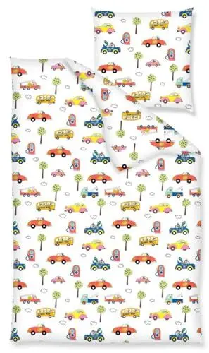 Produktbild: JACK Kinder Renforce Baby Bettwäsche 2 TLG. 100x135cm Autos Fahrzeuge Feuerwehr Bus Bunt Reißverschluss