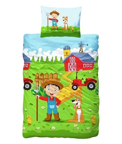 Produktbild: JACK Kinder Renforce Baby Bettwäsche 2 TLG. 100x135cm Bauernhof Traktor Hof Hund Bunt Reißverschluss