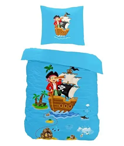 Produktbild: JACK Kinder Renforce Baby Bettwäsche 2 TLG. 100x135cm Pirat Schiff Abenteuer Schatz Blau Bunt Reißverschluss