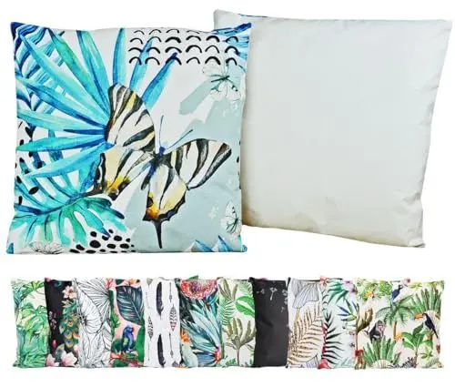 Produktbild: JACK Outdoor Motiv Kissen 45x45cm Lounge Dekokissen inkl. Füllung Wasserabweisend Sitzkissen Garten Stuhl, Farbe:Schmetterling Blau