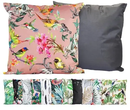 Produktbild: JACK Outdoor Motiv Kissen 45x45cm Lounge Dekokissen inkl. Füllung Wasserabweisend Sitzkissen Garten Stuhl, Farbe:Vögel Rosa