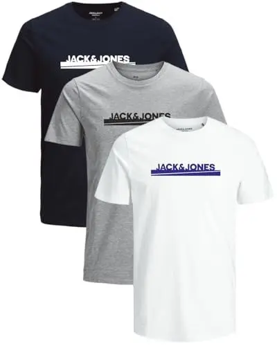Produktbild: JACK & JONES Herren 3er-Set T-Shirts aus Baumwolle (Regular Fit Mix 19, 535 StormyW. / Black/DuffelB. S)