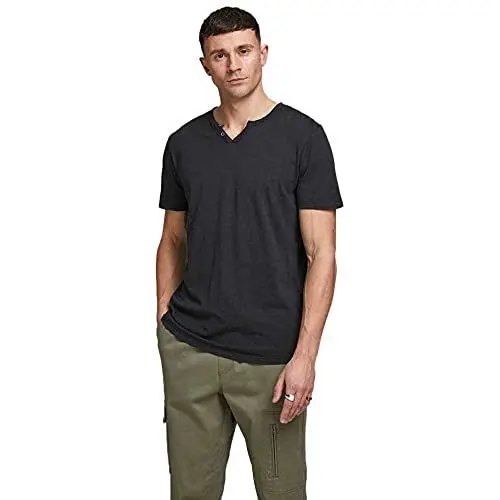 Produktbild: JACK & JONES Herren Basic T-Shirt V-Ausschnitt Kurzarm Jersey Baumwolle Shirt mit Knöpfen JJESPLIT, Farben:Schwarz, Größe:M