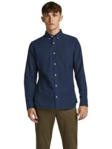Produktbild: JACK & JONES Herren Freizeit Hemd JPRBROOK Oxford Slim Fit Weiss Blau XS-XXL, Größe:M, Farbe:Navy Blazer Slim FIT 12192150