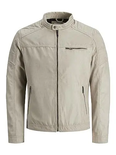 Produktbild: JACK & JONES Herren Kunstleder Jacke | Biker Blouson Bomberjacke JJEROCKY | Design Coat Übergangsjacke, Farben:Beige, Größe Jacken:XS