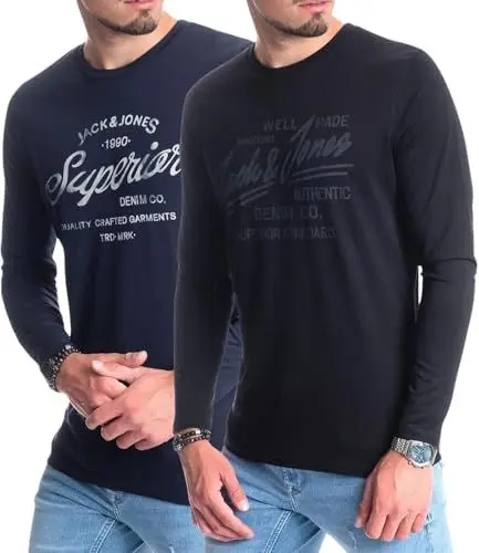 Produktbild: JACK & JONES Herren Langarmshirt aus Baumwolle – Longsleeve Männer – T-Shirt mit Langen Ärmeln aus Baumwolle - einzeln und Multipack (LS 2-Mix 14 - M)(2-Mix Nala L/S Navy/Nala L/S Black05 - M)