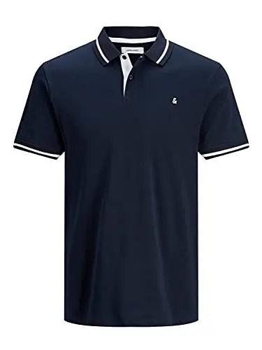 Produktbild: JACK & JONES Herren Slim Fit Polo Shirt JJEPAULOS Uni Sommer Hemd Kragen Kurz Arm Basic Pique Cotton, Farben:Navy, Größe:L