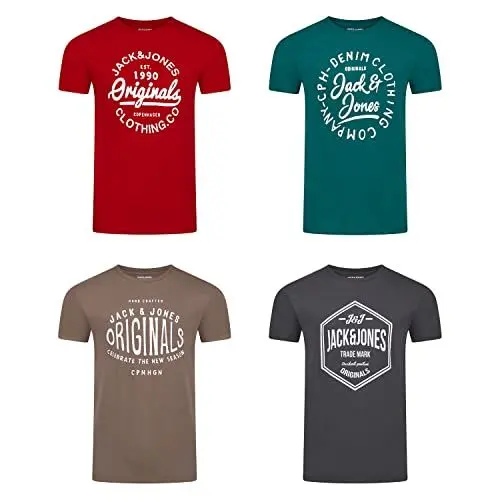 Produktbild: JACK & JONES Tshirt Herren Regular Fit JJLINO 4er Pack Set Pack Rundhals Kurzarm Sommer Tee Shirt Print, Größe:L, Farbe:Pack 2