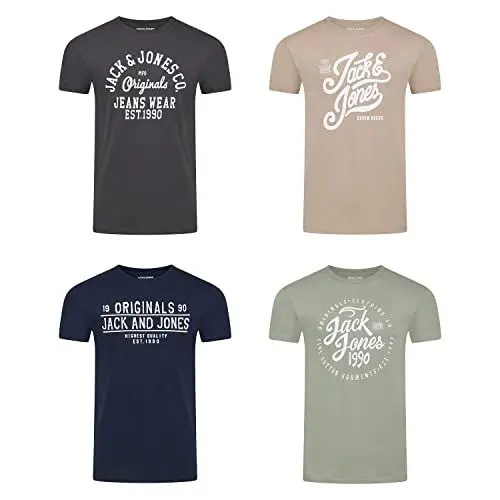 Produktbild: JACK & JONES Tshirt Herren Regular Fit JJLINO 4er Pack Set Pack Rundhals Kurzarm Sommer Tee Shirt Print, Größe:L, Farbe:Pack 3