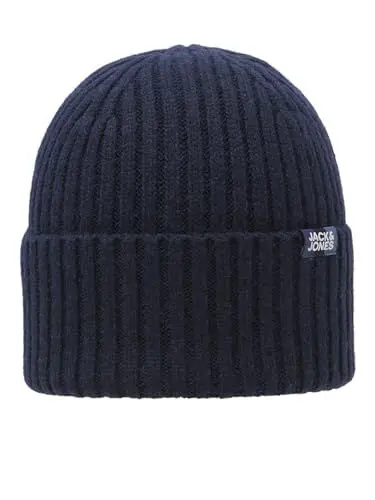 Produktbild: JACK & JONES Herren Beani Mütze JACPRIME WOOL Schwarz Grau Blau 100% Wolle, Größe:One Size, Farbe:Navy Blazer WITH LABEL 12195049
