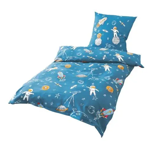 Produktbild: JACK by Bierbaum Kinder Renforcé - Linon Bettwäsche 2 TLG. 135x200cm Astronaut Weltall Sterne Mond Rakete Raumschiff