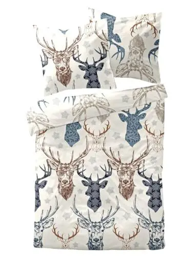 Produktbild: JACK by Dormisette Edel Biber Kuschel Bettwäsche 2 TLG. Hirsch Hirschkopf Blau Braun Schwarz Offwhite, Größe:135x200cm Bettwäsche