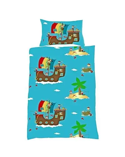 Produktbild: JACK by Fleuresse Kinder Biber Baby Bettwäsche 2 TLG. 100x135cm Pirat Schiff Abenteuer Blau Bunt Reißverschluss