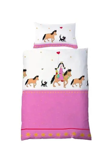 Produktbild: JACK by Fleuresse Renforcé Bettwäsche Baby 2 TLG. 100x135cm Prinzessin Pferd Katze Pink Weiß Reißverschluss