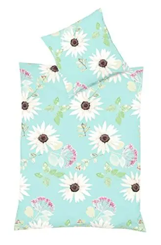 Produktbild: JACK by Fleuresse Seersucker Bettwäsche 2tlg. 135x200cm Margeriten Blätter Gelb Türkis Grün Weiß, Farbe:Türkis