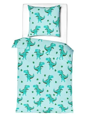 Produktbild: JACK by Mistral Flanell Kinder Bettwäsche 2 TLG. 135x200cm Dino Dinosaurier T-Rex Blau Türkis Grün Biber Kuschel